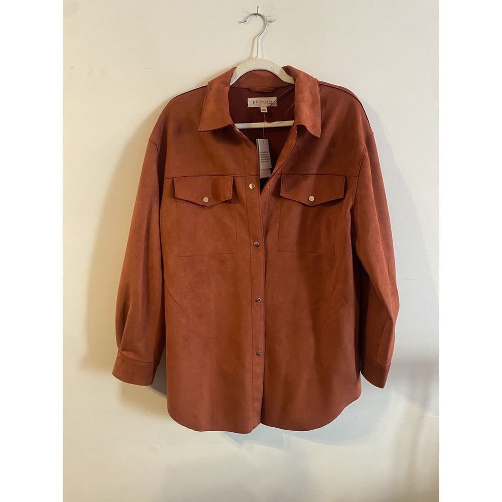 PHILOSOPHY Large Faux Suede Snap Front Shacket Burnt Orange Transitional Casual